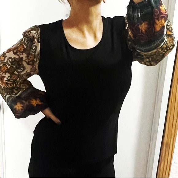 BIG SALE(5 for $20)- Black Blouse with Multicolor Floral Sleeves - Picture 2 of 4